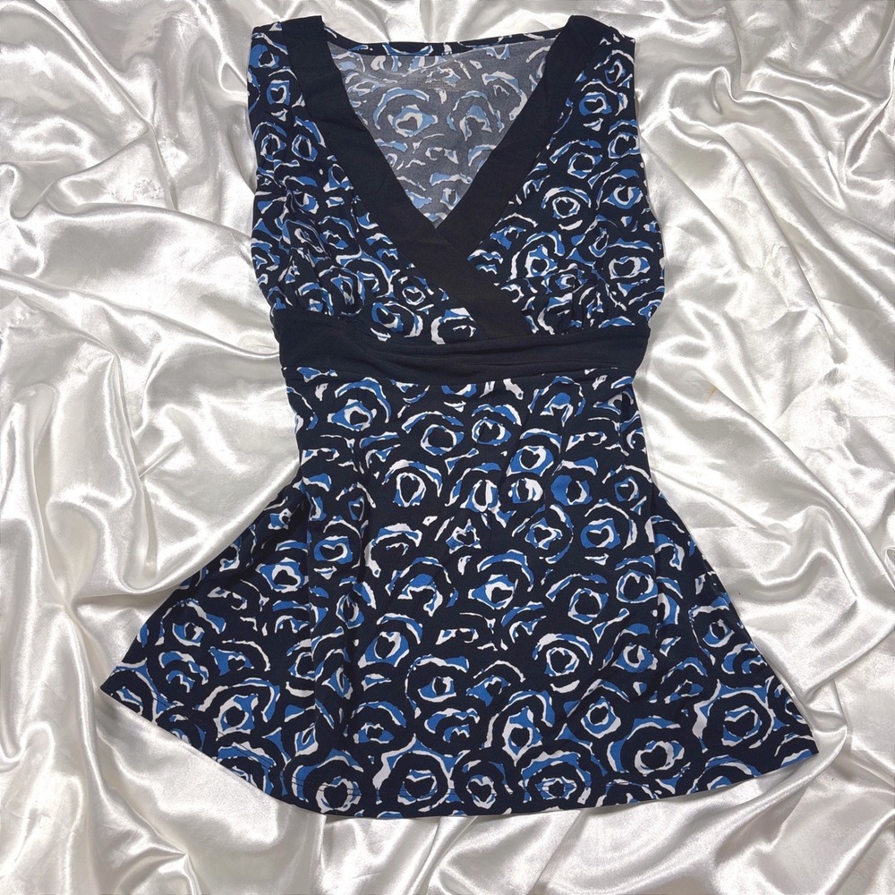 y2k Sleeveless Top Blue Excellent Rose Print Empire Waist V-Neck Merona S